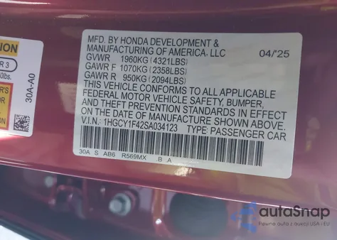 2025 Honda Accord Se z USA, uszkodzony, nr VIN 1HGCY1F42SA034123